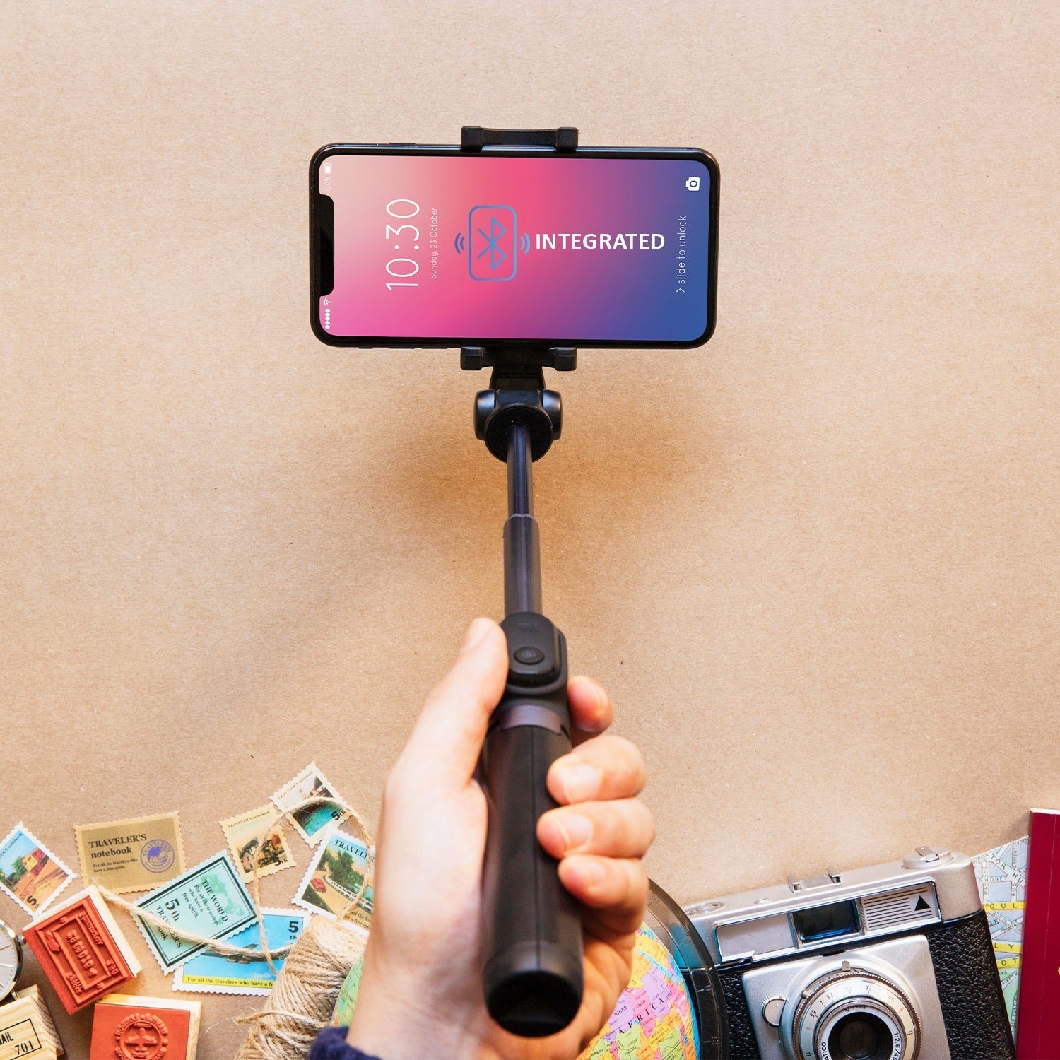 Folded selfie stick with phone holder and Bluetooth remote Folded selfie stick with phone holder and Bluetooth remote